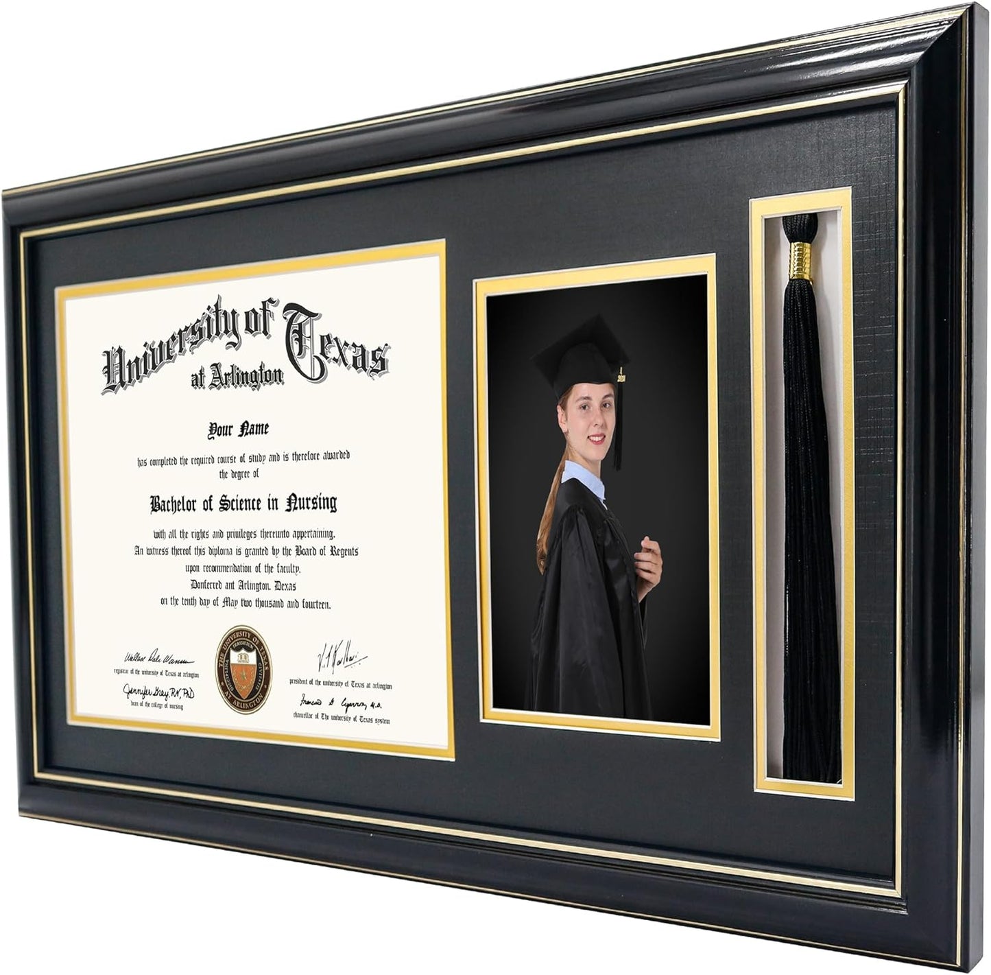 GraduationMall 11x22 Black Diploma Frame with Tassel Holder and Picture for 8.5x11 Certificate 5x7 Photo,Tempered Glass,Black over Gold Mat