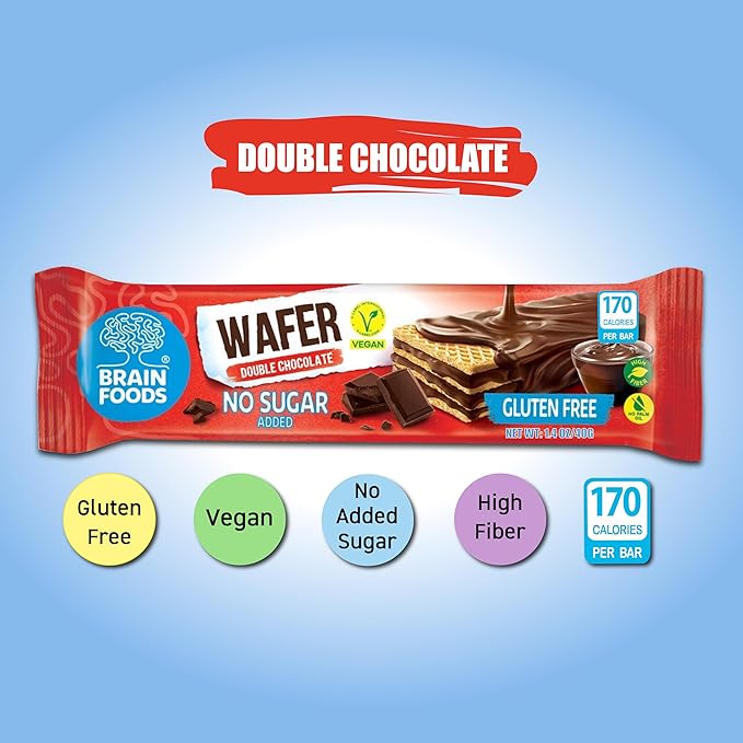 BRAIN FOODS Gluten Free Vegan Double Chocolate Wafers - 12 Bars, No Sugar Added, High Fiber, No Palm Oil, 1.4 oz, 170 Calories, Guilt Free Snack, Natural Chocolate Flavor