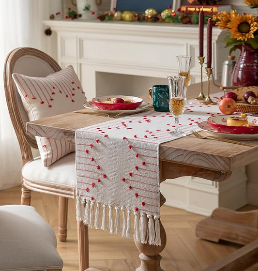 Christmas Table Runner 13 x 72 Inch Long Natural Cotton Woven Runner with Tassels for Home Dining Christmas Decorations, for Modern Farmhouse Holiday Boho Red Table Runner