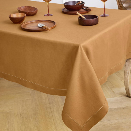 Solino Home Brown Sugar Linen Tablecloth 60 x 108 Inch - Classic Hemstitch, 100% Pure Linen Rectangular Tablecloth - Machine Washable Table Cloth for Fall, Autumn, Thanksgiving