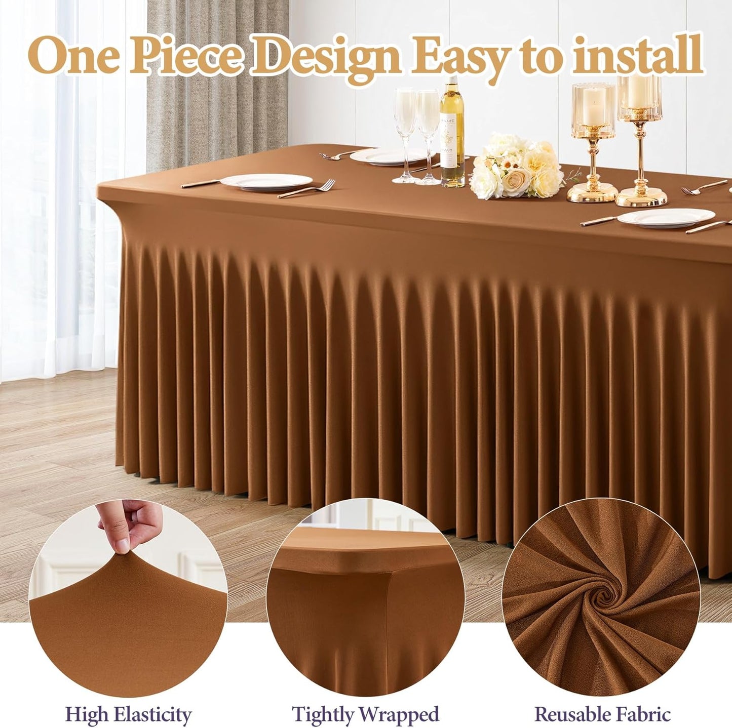 2 Packs Brown Spandex Tableclothes for 8 Foot Rectangle Table, Spandex Table Covers 8FT Stretch Table Skirts Rectangle Wrinkle Free Fitted Tablecover for Event, Wedding, Banquet & Parties