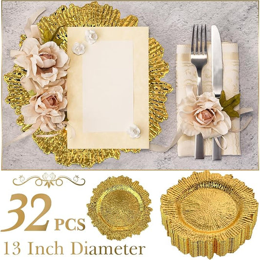 32 Pack Charger Plates Set Reef Chargers for Dinner Table Serving Tray Floral Plastic Decorative Plates for Table Setting Wedding Party, 13 Inch(Gold)