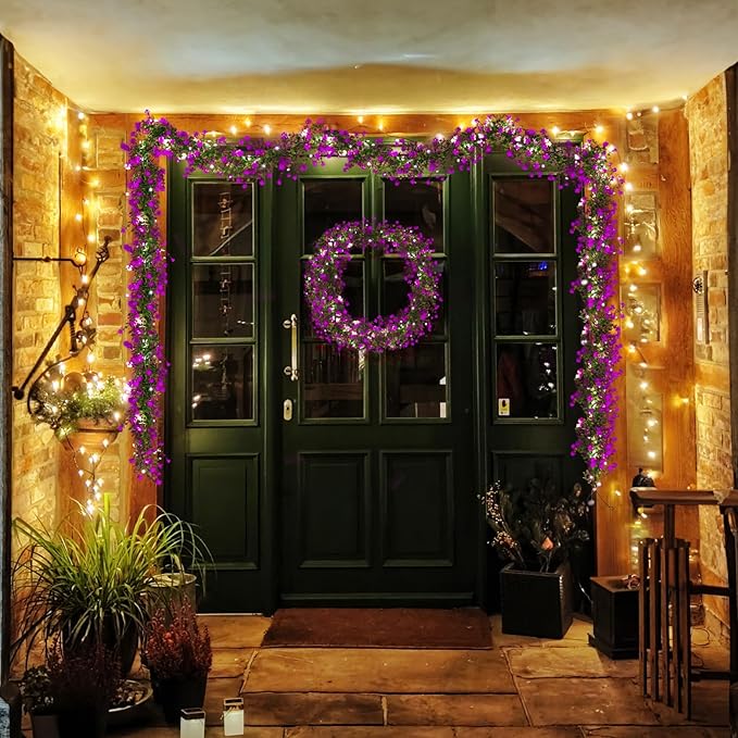 RECUTMS Artificial Garland Greenery Hanging Spring Lighted Garland Artificial Vine Plants Spring Eucalyptus Vine with Lights for Indoor Outdoor Home Wedding Mantel Party Kitchen Decor(Fuchsia)