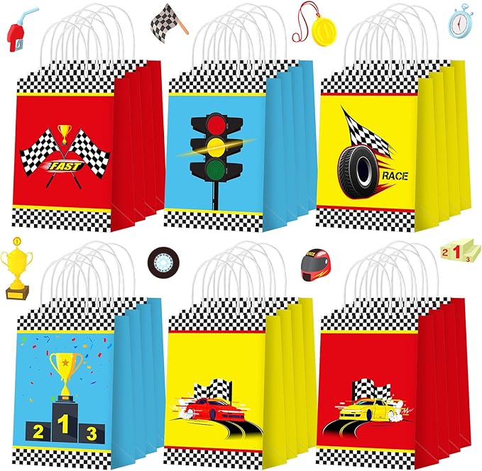 Outus 24 Pieces Race Car Party Favor Bags Car Birthday Party Supplies Goodie Gift Treat Bags with Handles for Checkered Flag Race Theme Two Fast Birthday Decorations Boy Gifts