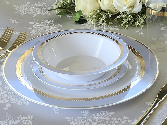 OCCASIONS 50 Blue Disposable Plates (25 Guests) - Heavyweight Plastic Plate Set with Gold Rim - 25 x 10.5" Dinner + 25 x 7.5" Salad/Dessert Plates for Wedding Party - Ritz Blue and Gold