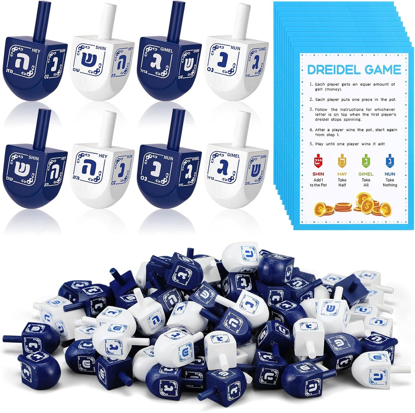 Wettarn 100 Pieces Hanukkah Dreidels Bulk Wooden Hanukkah Dreidels with Game Instruction Cards for Party Game(Size 1,Elegant Style)