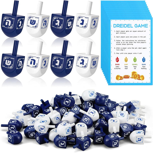 Wettarn 100 Pieces Hanukkah Dreidels Bulk Wooden Hanukkah Dreidels with Game Instruction Cards for Party Game(Size 1,Elegant Style)