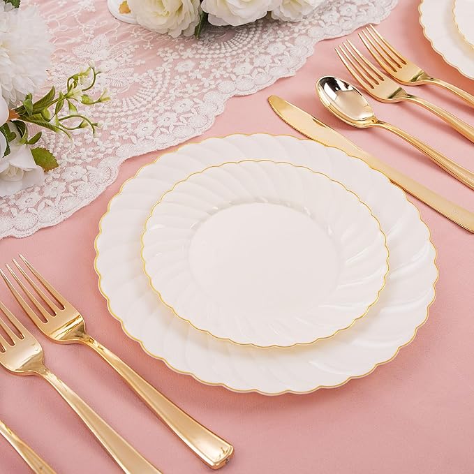 U-QE 100 Piece Ivory Scalloped Plastic Plates for Party with Gold Rim - Plastic Party Plates Disposable Heavy Duty - High End Disposable Plates Include 50pcs Dinner Plates 9"&50pcs Dessert Plates 6.5"