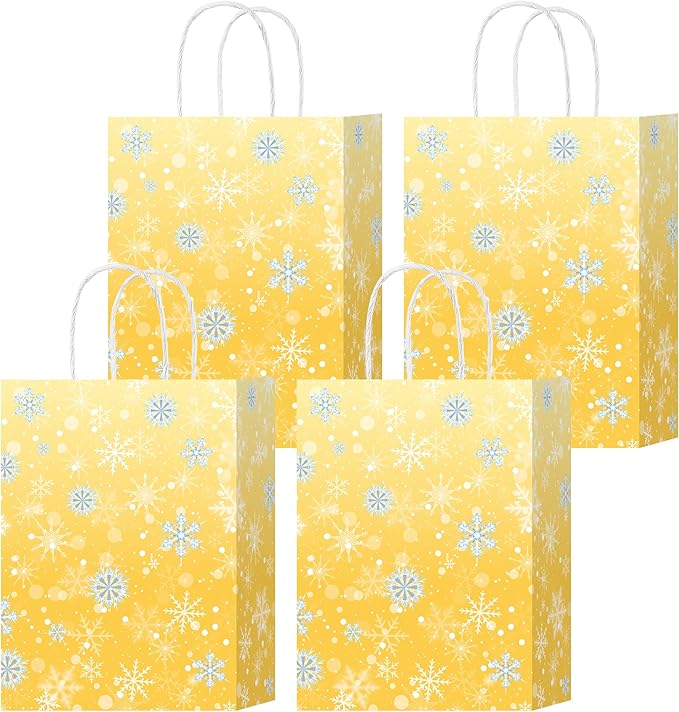HongXingHai Christmas Gift Bags with Handles, 16 Pack Kraft Paper Bags with Snowflake Design, Reusable Holiday Party Favor Bags for Christmas, Winter Birthday, Wedding, Shopping, Small Gifts