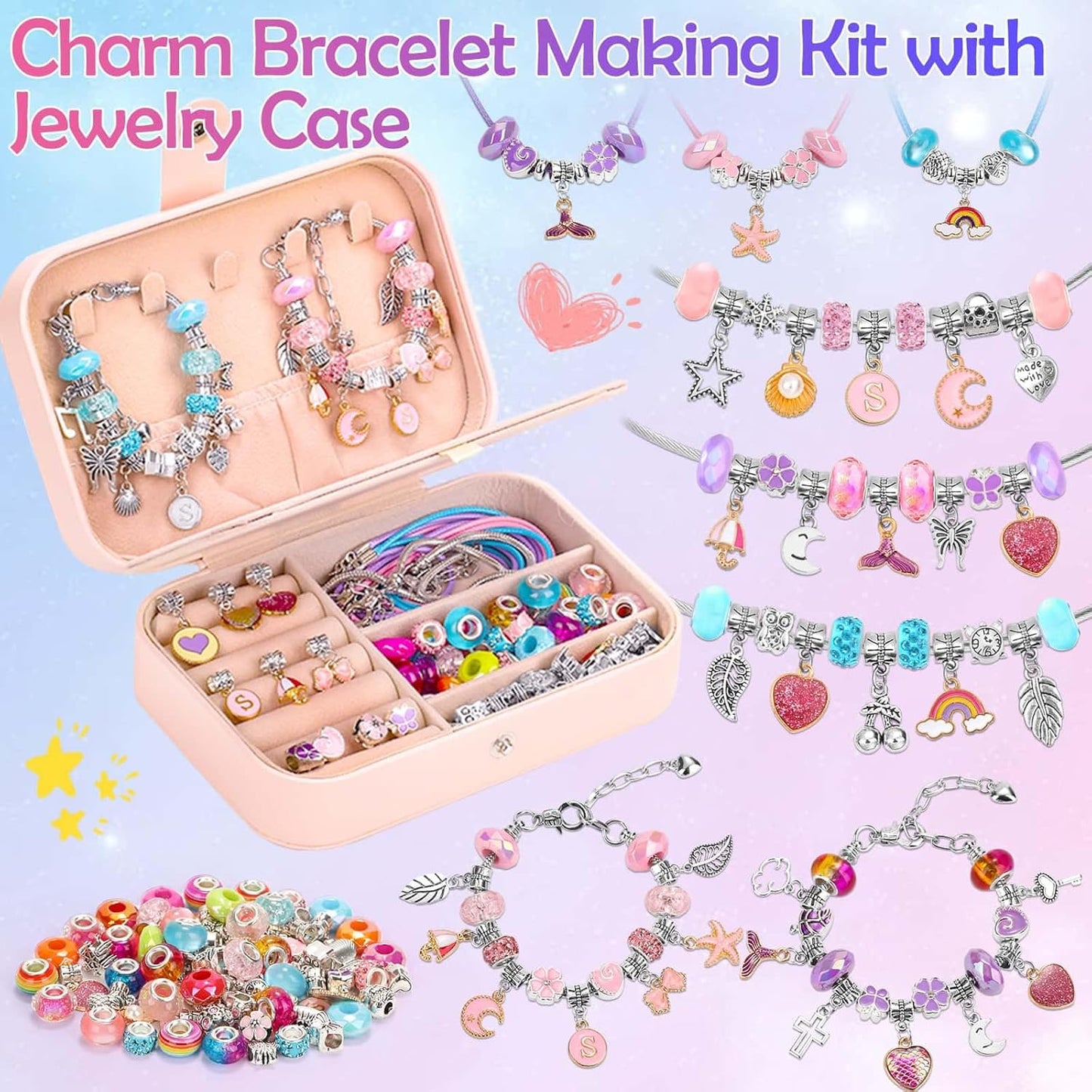 Billbotk Charm Bracelet Making Kit with Bracelet Organizer Box Beads Mermaid Pendants for Jewelry Making DIY Craft Kit for Birthday Gifts Valentine Christmas