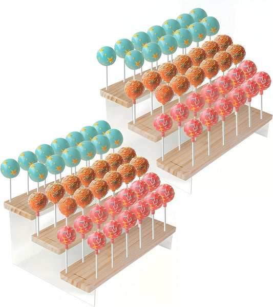2 Pack Cake Pop Stand Holder - 3 Tier for 39 Cake Pops, Acrylic & Pine Wood Dessert Table Stand | Wedding Birthday Baby Shower Candy Buffet Cake Pop Display.