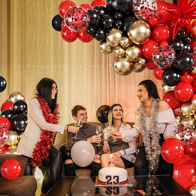 Red and Black Gold Balloon Garland Arch Kit, 140Pcs Red Black Metallic Gold Confetti Balloons With Stars for Birthday Wedding Birdal Shower Anniversary Graduation Casino Party Decorations
