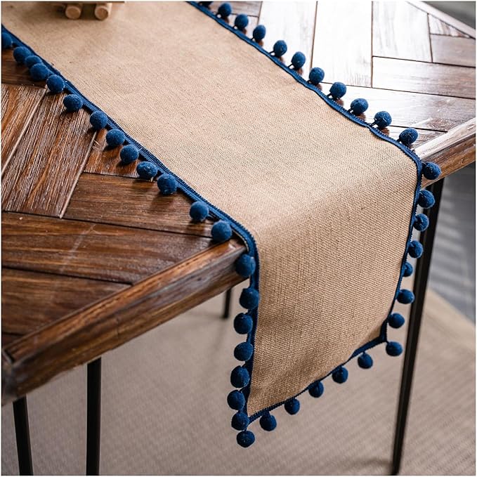 Natural Jute Table Runner, Burlap Style Table Runner, Rustic Farmhouse Table Runner Country Vintage for Wedding, Party Table Decorations, Boho Décor Jute Navy Blue Balls 12x79 inch TAB28