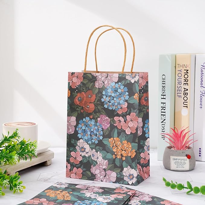 JarThenaAMCS Floral Kraft Paper Gift Bags Vintage Botanic Candy Goodie Treat Bags with Handles Reusable Grocery Bag for Spring Summer Mother's Day Birthday Wedding Party Favors Supplies