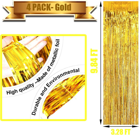 4 Pack Gold Foil Fringe Curtain Backdrop, 3.28Ft x 9.84Ft Metallic Tinsel Foil Fringe Streamers Curtains for Party, Photo Booth Props, Birthday, 2022 Graduation Decoration Supplies