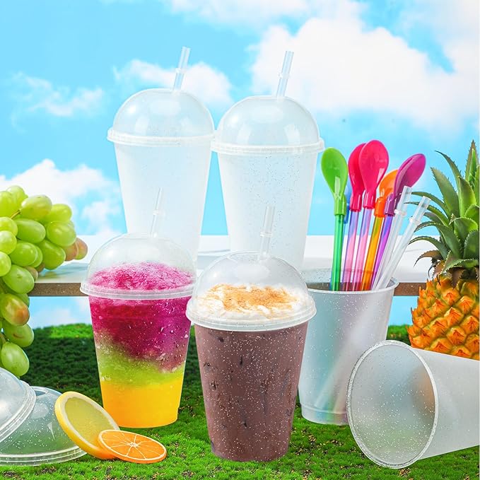 6 Set Slushie Cups with Dome Lids and Straws Detachable Spoon Straws Reusable Plastic Iced Coffee Cups Smoothie Tumbler for Birthdays Summer Party Supplies(Transparent White,16 oz)
