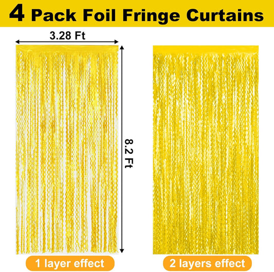4 Pack Macaron Yellow Fringe Curtain Backdrop 3.2Ft x 8.2Ft Metallic Tinsel Foil Fringe Streamers Background for Photo Booth Mother's Day, Easter, Carnival, Birthday, Wedding Party Decoration