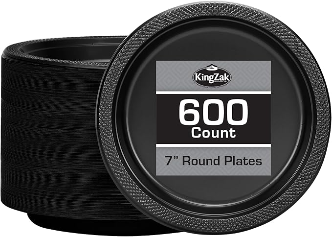 Hanna K. Signature Collection Black Plastic Plates 7 Inch - 600 count Solid Round Party For Weddings, BBQs, Birthday Disposable Dessert (81070 (case))