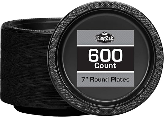 Hanna K. Signature Collection Black Plastic Plates 7 Inch - 600 count Solid Round Party For Weddings, BBQs, Birthday Disposable Dessert (81070 (case))