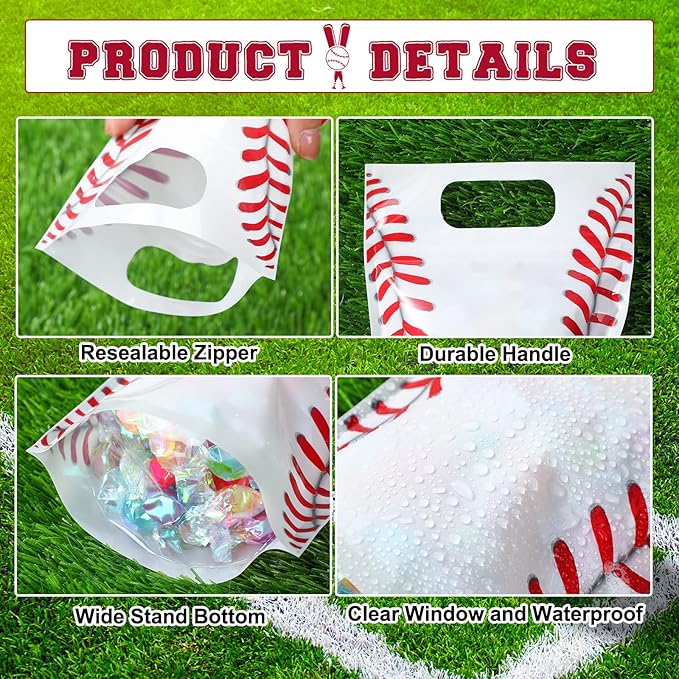 Blosssound 50 Pcs Sport Plastic Bags Clear Baseball Sealed Pouches with Handles Resealable Baseball Party Gift Bags for Sports Theme Birthday Party Candy Gift Wrap Supplies Decoration