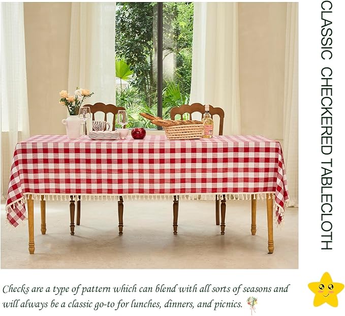 Table Cloth Rectangle Table-Rustic Gingham Tablecloth Buffalo Plaid Table Cloth for Thanksgiving Christmas Kitchen Dining Room (55x102 Inch,Red and White)