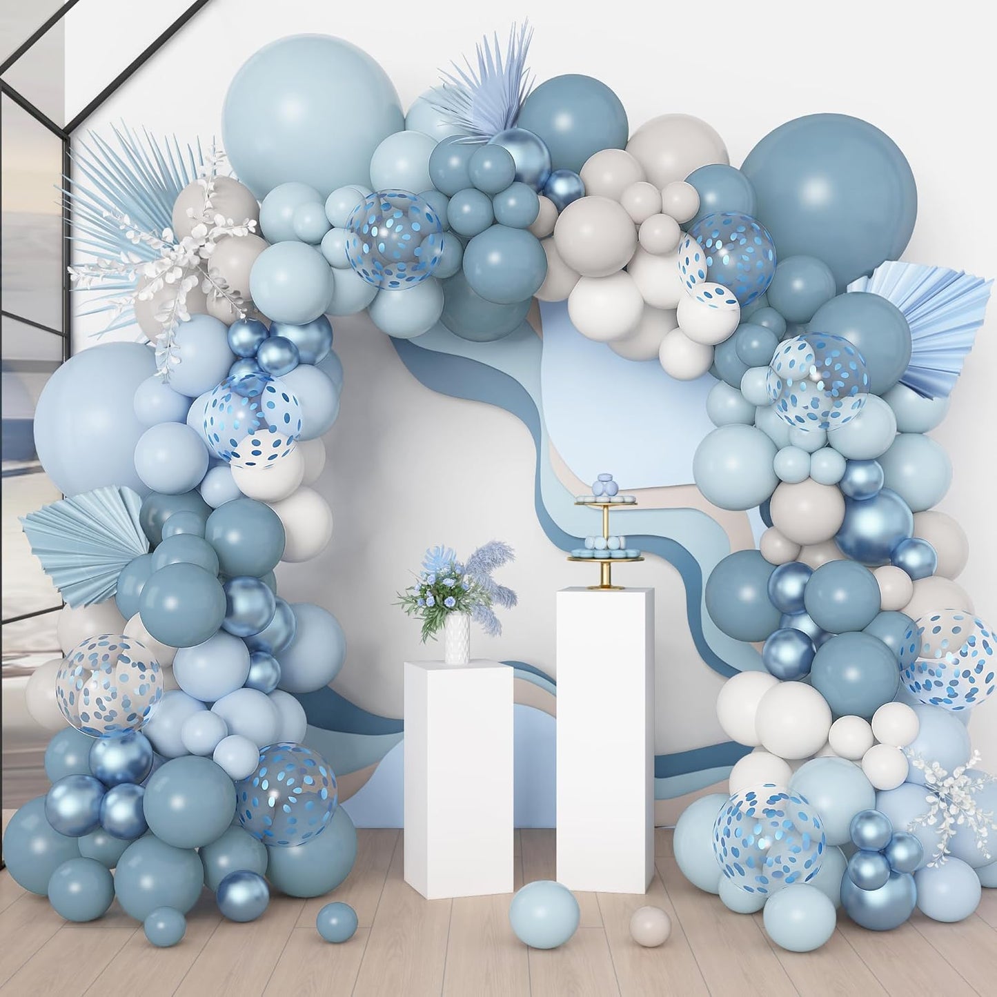 Amandir 173Pcs Dusty Blue Balloon Arch Garland Kit, Baby Light Dusty Blue White Sand Metallic Blue Confetti Balloons for Boy Baby Shower Gender Reveal Wedding Birthday Party Decorations Supplies