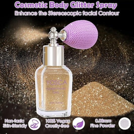 Yosca Body Glitter Spray, 30ML Loose Body Shimmer Powder Hair Spray Fine Glitter Sparkle Highlighter Makeup Mardi Gras Festival Concert Party Rave Accessories for Rave Clothes Hair Face Nail Art