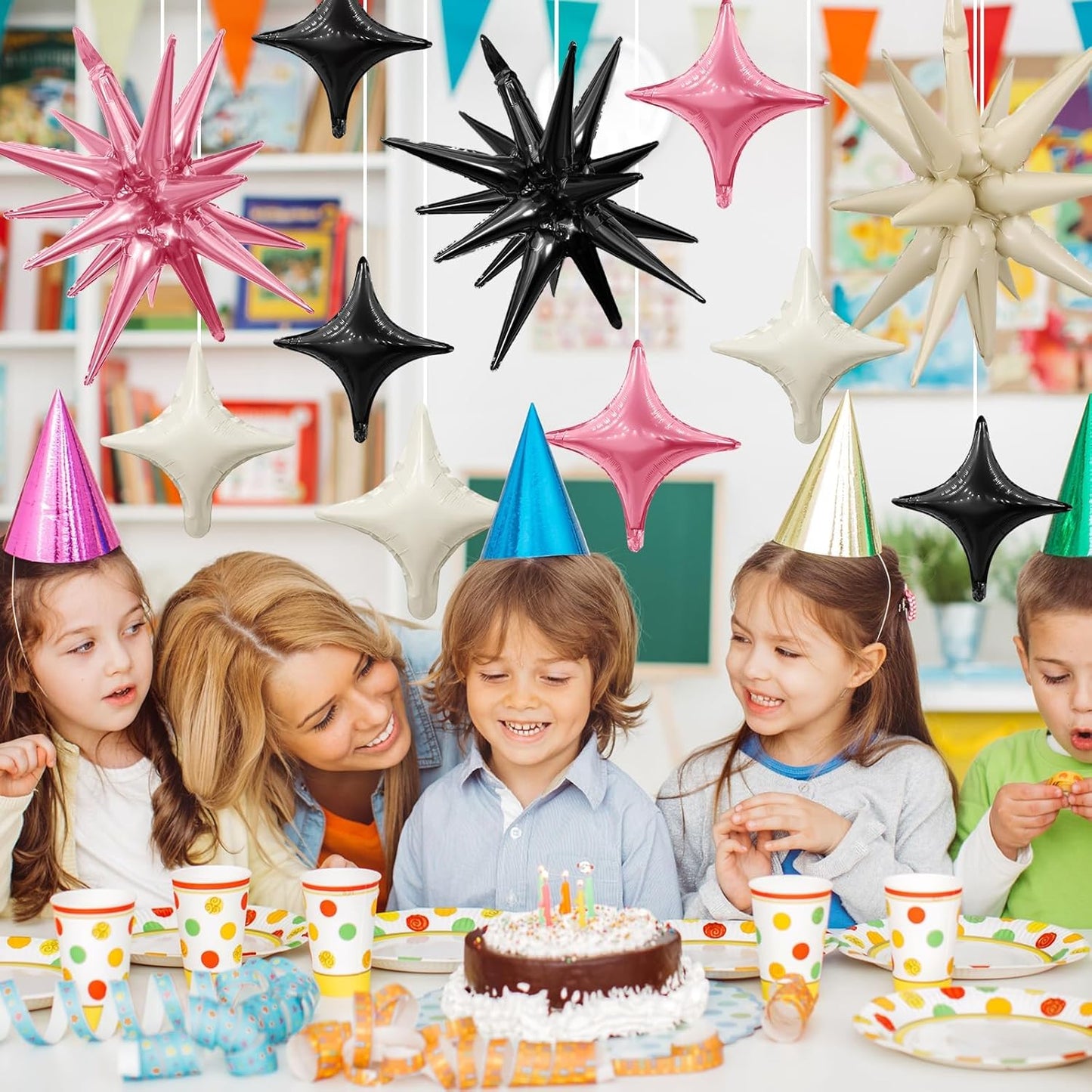 Pink Black White Star Balloon,6Pcs 22Inch Explosion Star Balloons and 10Pcs 10Inch Four Angle Balloons Kit for Birthday Anniversary Baby Shower Wedding Party Decorations