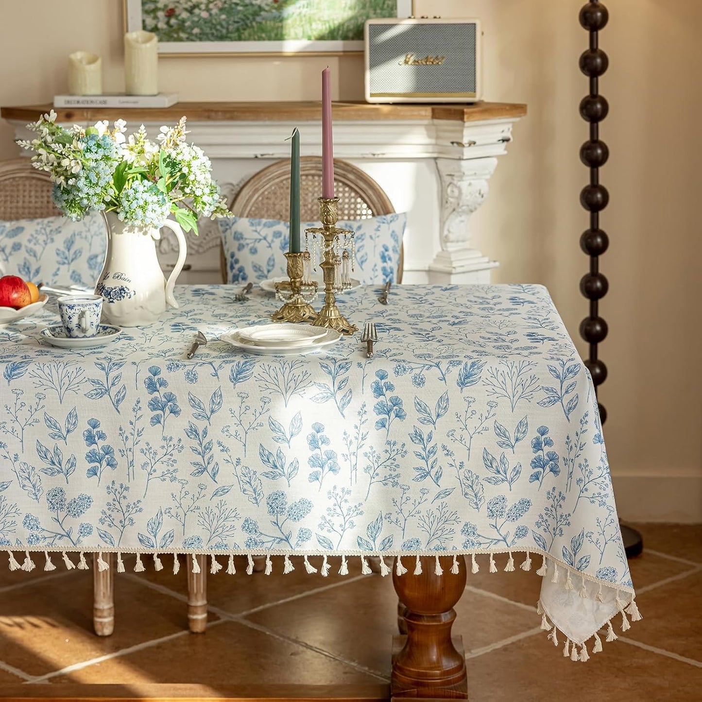 ENJOYBRIDAL Blue Floral Tablecloth - 60 x 102 Inch - Camping Rectangular Table Cloth Flower Dining Room Polyester Picnic Table Cover 8-10 Seats Farmhouse Washable Vintage Cute Furniture Protector