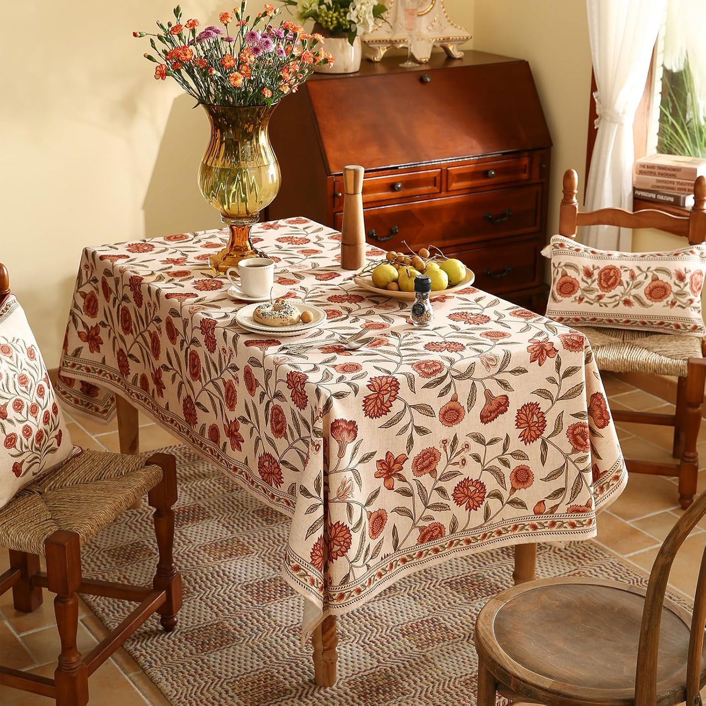 ISAENNE Designer French Extra Long Rectangular Tablecloth,Linen Orange Floral Pattern Indoor Table Cloth,Wrinkle Resistant Decor Table Cloth for Dining Thanksgiving Kitchen,67"*118"-Alvarado D