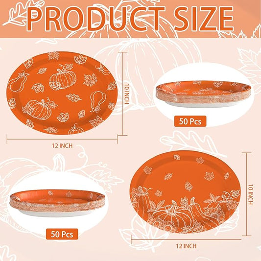 50Pcs Fall Pumpkins Oval Paper Plate Thanksgiving Plate 10" X 12" Large Disposable Heavy Duty Burnt Orange Pumpkin Autumn Leaves Platter for Terracotta Fall Harvest Thanksgiving Party Decoration