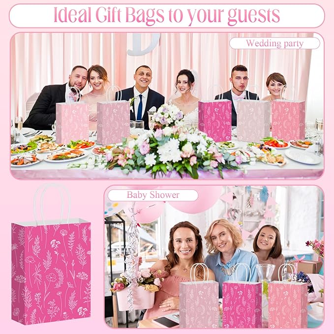 Kolldenn 50 Pcs Pink Wildflower Gift Bags with Handles Paper Floral Goodie Welcome Bag for Wedding Guest Baby Shower Bridal Birthday Party Favor, 5.91 x 3.15 x 8.27 Inches