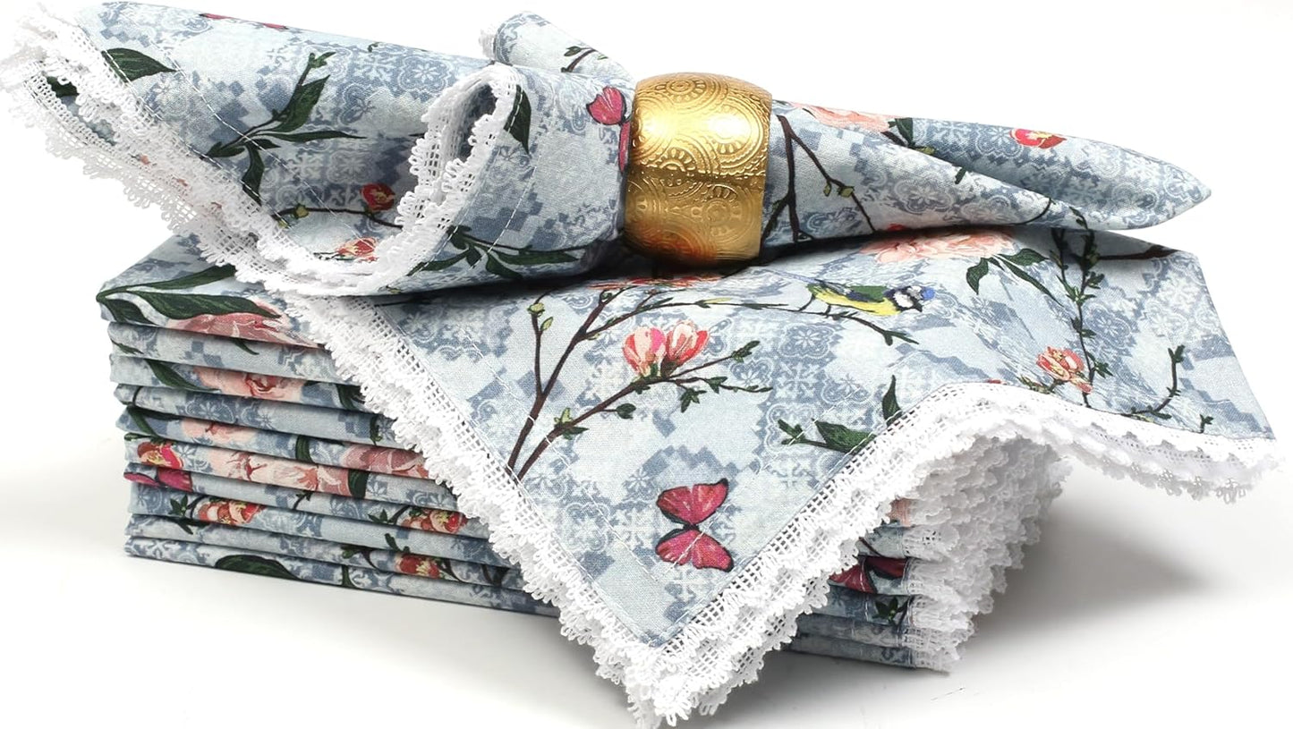 Bedding Craft Printed Cotton Dinner Napkins Set of 12 – 18x18 Lace Birds Design – Elegant & Reusable Fabric Table Napkins for Dining, Parties, Weddings & Everyday Use