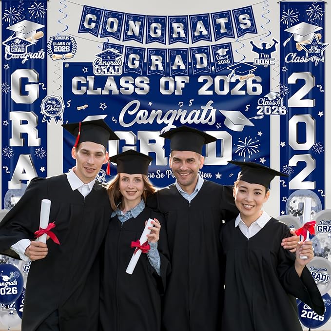 Graduation Decorations Class of 2026 Blue and Silver Graduation Party Decor Set include Congrats Grad Banner Backdrop Class of 2026 Balloons Party Supplies