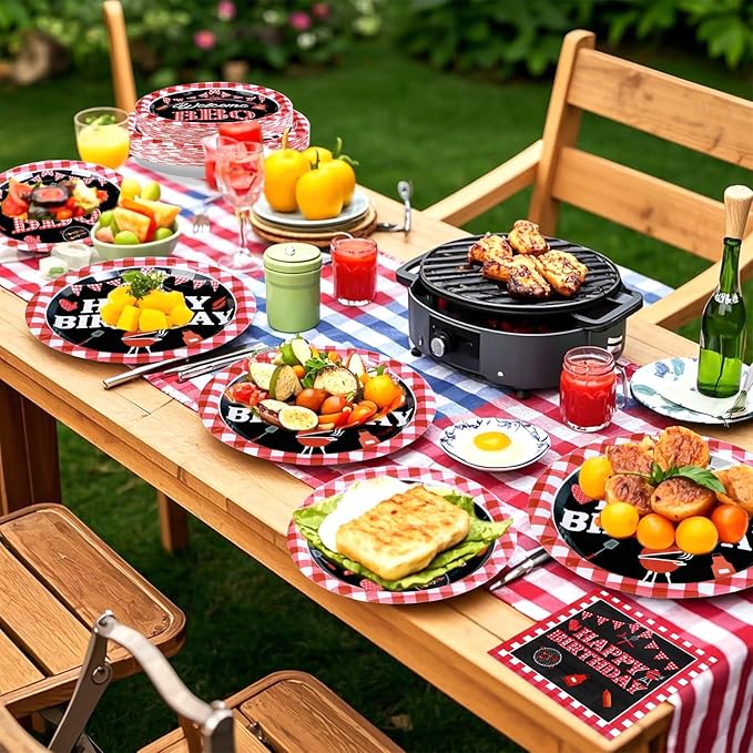 Grencian 200 Pcs BBQ Party Decorations for Birthday Picnic Red and Black Gingham BBQ Baby Shower Plates Supplies Summer Picnic Baby Q Birthday Party Decorations for Summer Barbecue Kids Adults