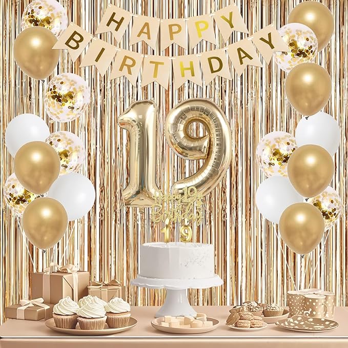 Trgowaul Happy 19th Birthday Decorations for Girls, Banner, Sash and Crown, Cake Topper, 19 Number Balloon, Fringe Curtains, Champagne Gold 19th Birthday Party Supplies