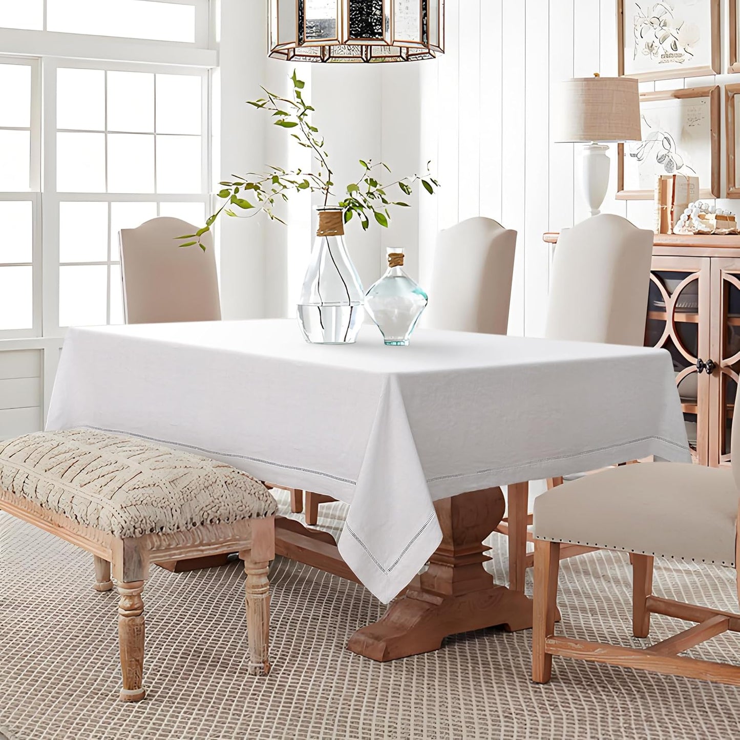 Linen World Hemstitch Linen Tablecloth,French Linen White Tablecloth 108" x 60" Inch,Washable Rectangular Table Cloth for Dining,Outdoor,Weddings and Restaurants,Decorative Thanksgiving Christmas