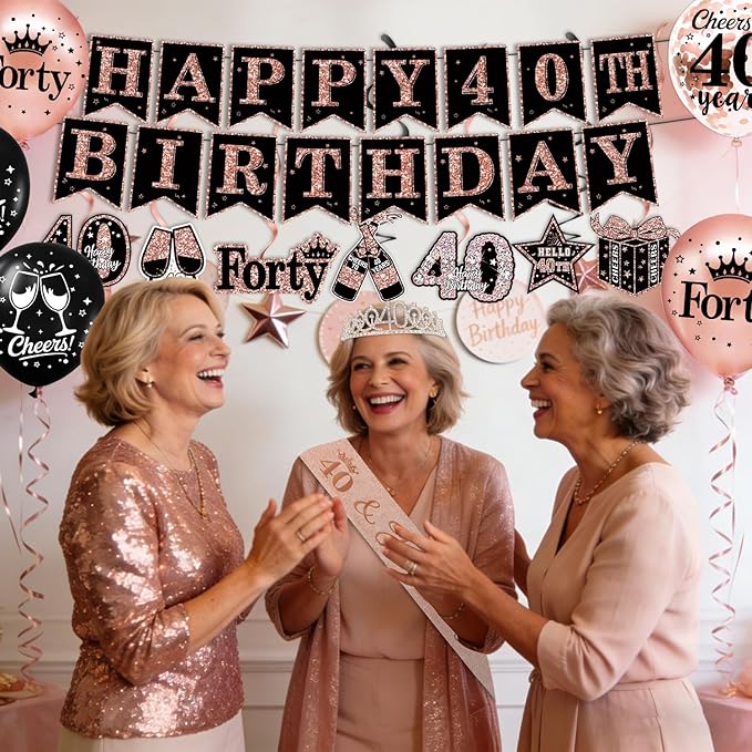 40th Birthday Decorations for Women, 38pcs Black Rose Gold Backdrop, Honeycomb Centerpieces, Banner, Hanging Swirls, Porch Banner, Balloons, Sash, Crown for 40 Years Old Birthday Decorations