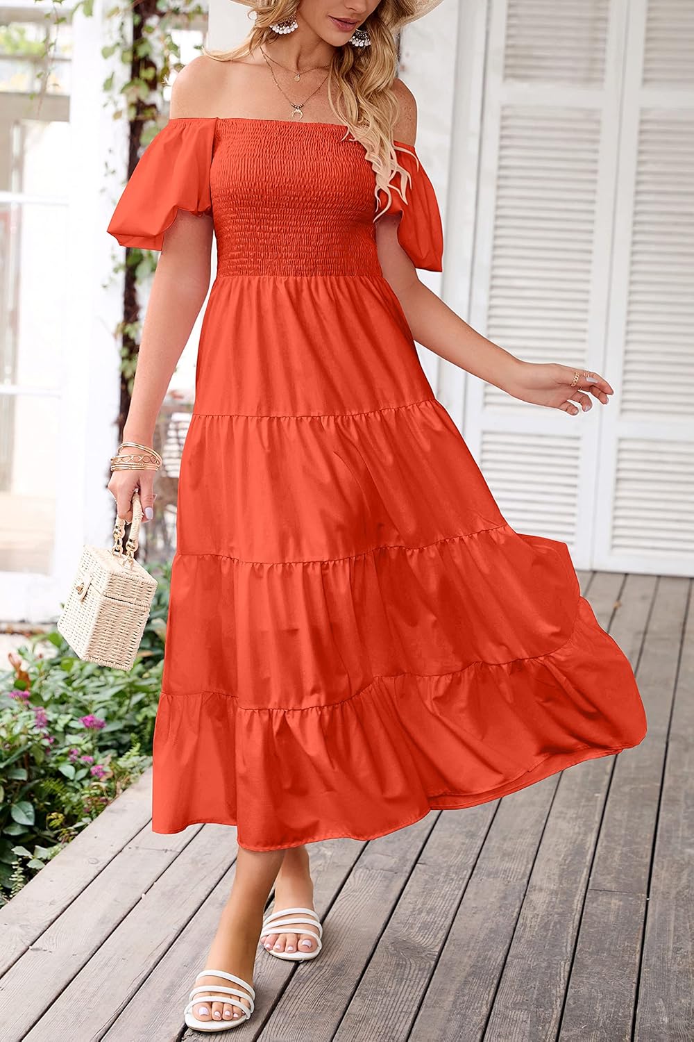 PRETTYGARDEN Women's Casual Summer Midi Dress Puffy Short Sleeve Square Neck Smocked Tiered Ruffle Dresses