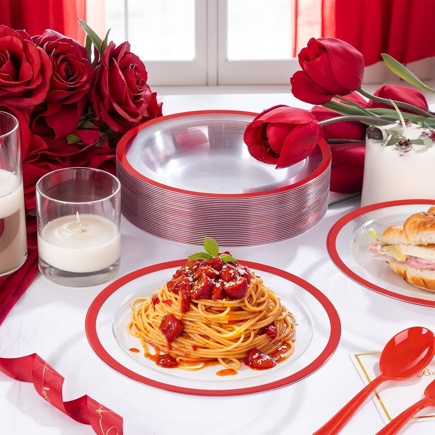 Liacere 60Pcs Red Plastic Bowls - Disposable Clear and Red Dessert Bowls - 12OZ Premium Plastic Soup Bowls for Wedding &Christmas Day