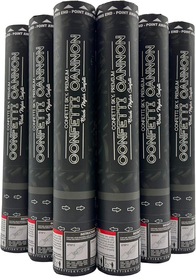 Confetti Sky [6 Pack] 12 Inch Confetti Cannons | Black Confetti Poppers for Wedding Celebration, Birthday Party, Pranks, Graduation, Christmas Eve and New Year Celebration