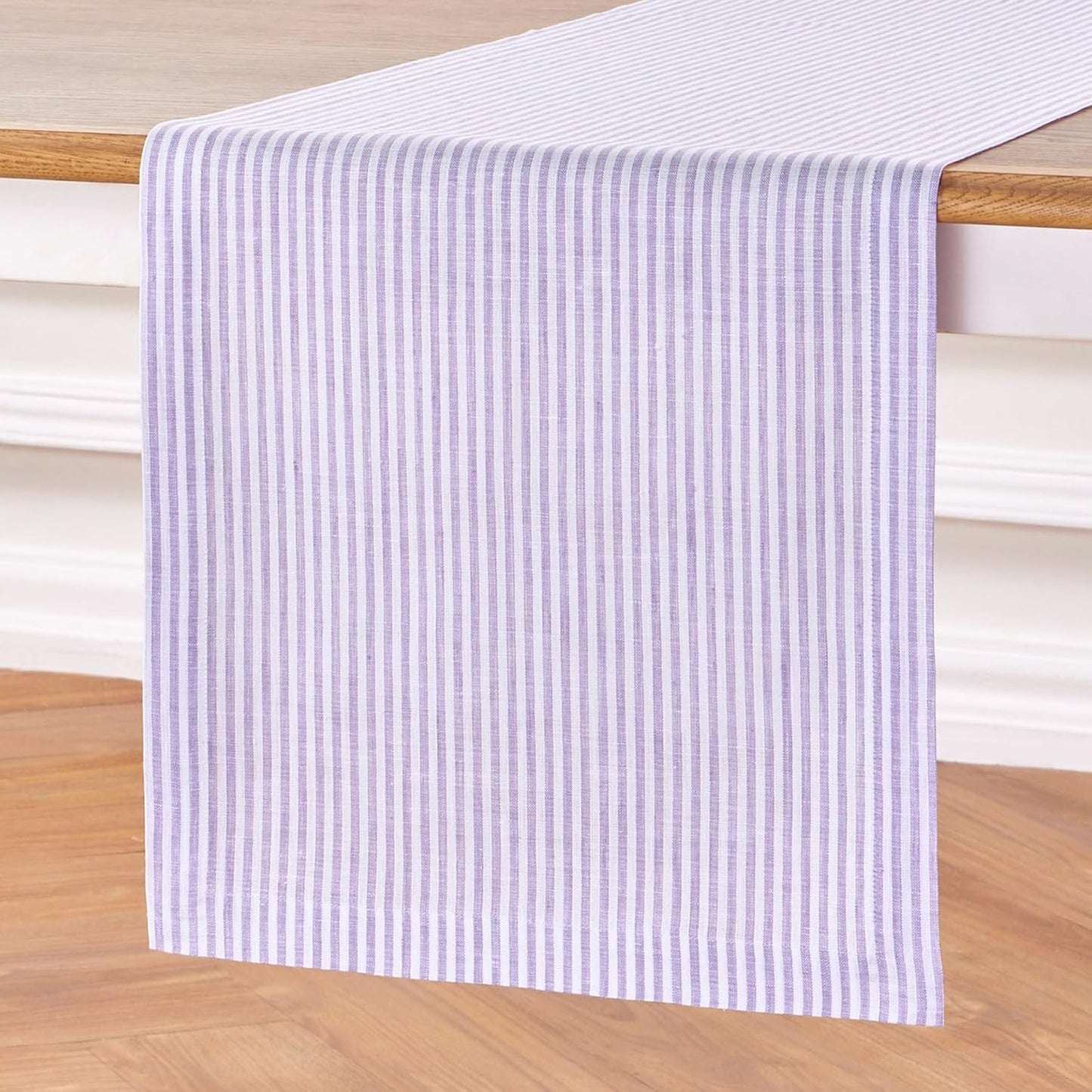 Solino Home Linen Table Runner 36 Inches - Narrow Stripe 100% Pure Linen Lavender and White Farmhouse Table Runner 14 x 36 Inch Ideal for Dresser and Coffee Tables - Fall, Thanksgiving, Christmas