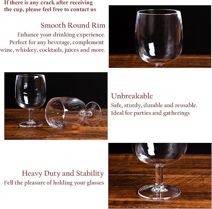 KOXIN-KARLU Classic Stackable 12 ounce Plastic Wine Stems Acrylic Glasses, set of 6 Clear