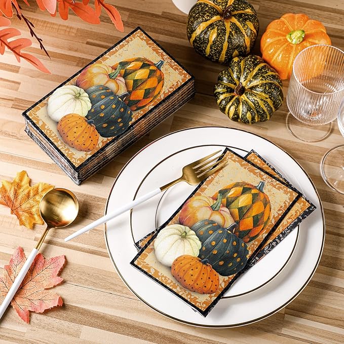 Karenhi 200 Pieces Pumpkin Disposable Hand Towels for Bathroom 2 Ply Paper Guest Towels Autumn Geometric Disposable Napkin Paper Hand Towels for Bathroom Decorative Napkins for Party Holiday Bathroom