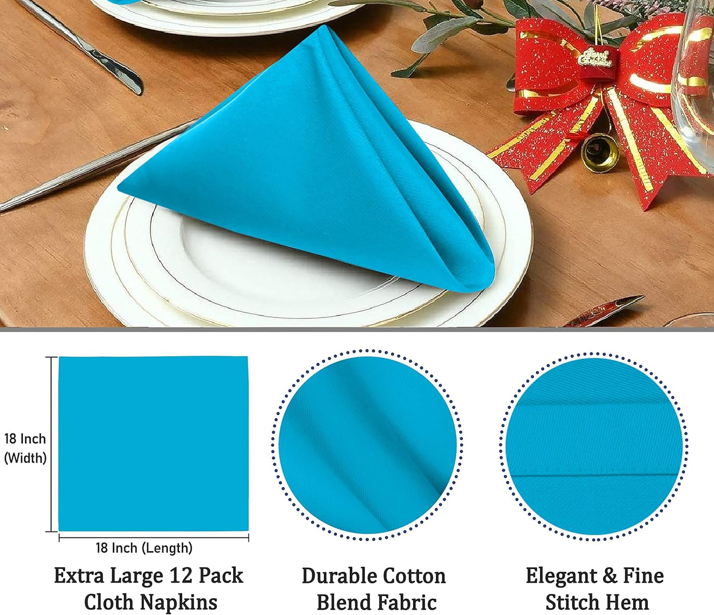 Ruvanti Cloth Napkins set of 12, 18x18 Inches Napkins Cloth Washable, Soft, Durable, Absorbent, Cotton Blend. Table Dinner Napkins Cloth for Hotel, Lunch, Restaurant, Wedding Event, Parties - Sky Blue