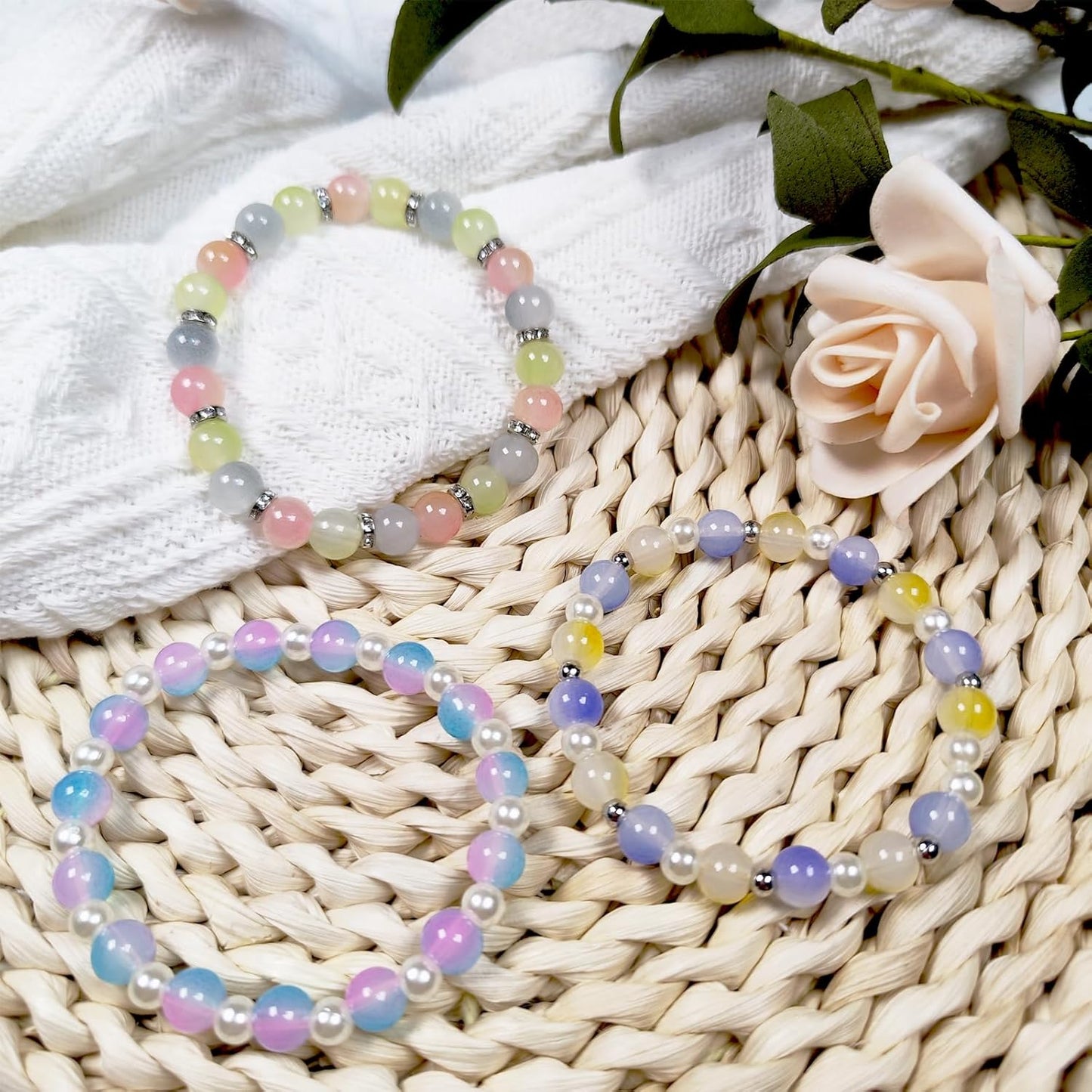 Dayify 1500 Pcs 48 Colors Glass Beads Bracelet Making Kit, 8mm Crystal Beads for Jewelry Making, Round Glass Beads with Charms for Bracelets and DIY Crafts (29 Mermaid Colors and 19 Solid Colors)