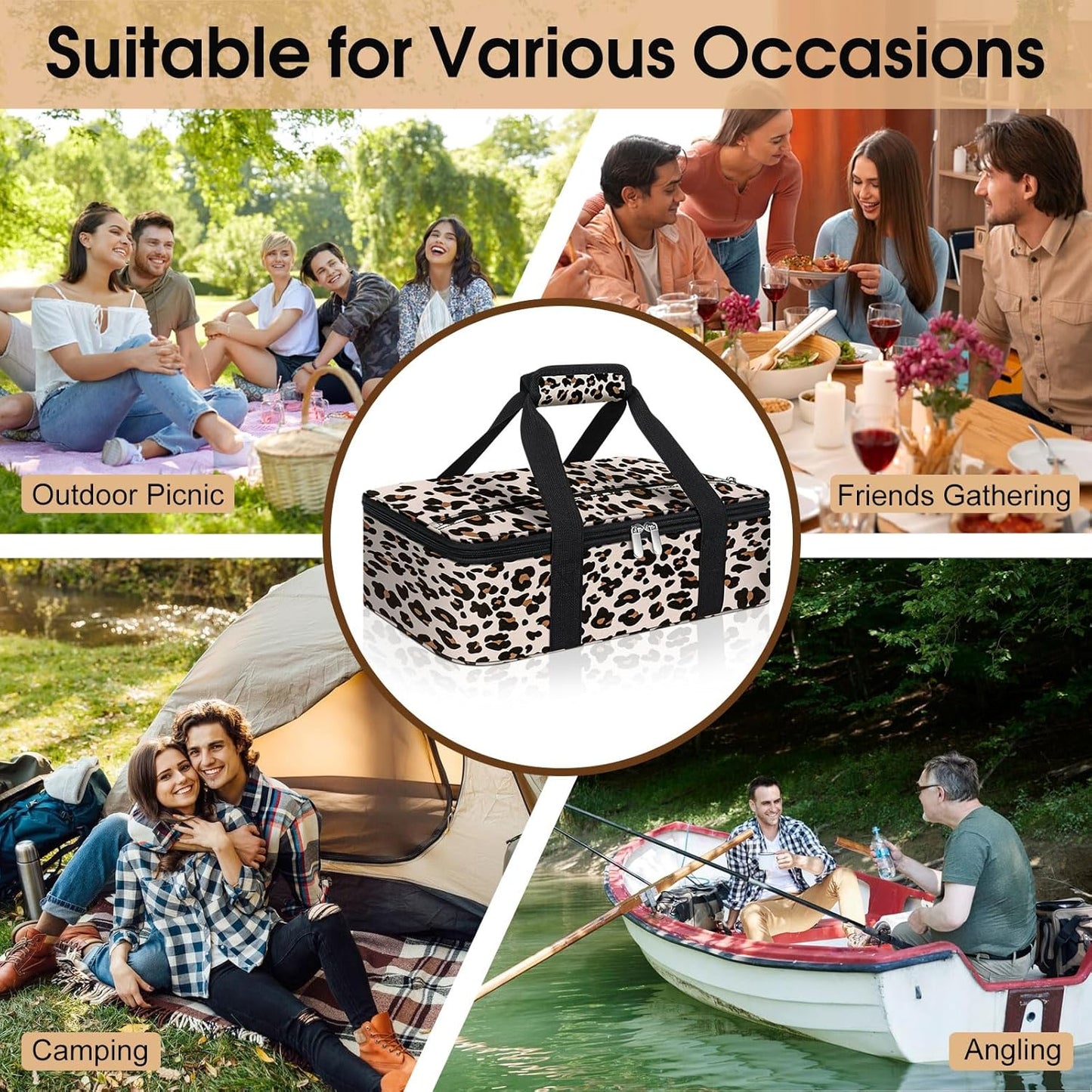 Insulated Casserole Carrier, Portable Casserole Carrier for Hot or Cold Food Lunch Tote Warmer or Cooler Bag, Lasagna Lunch Bag for Potluck Parties- Fits 9" x 13" Baking Dish-Leopard