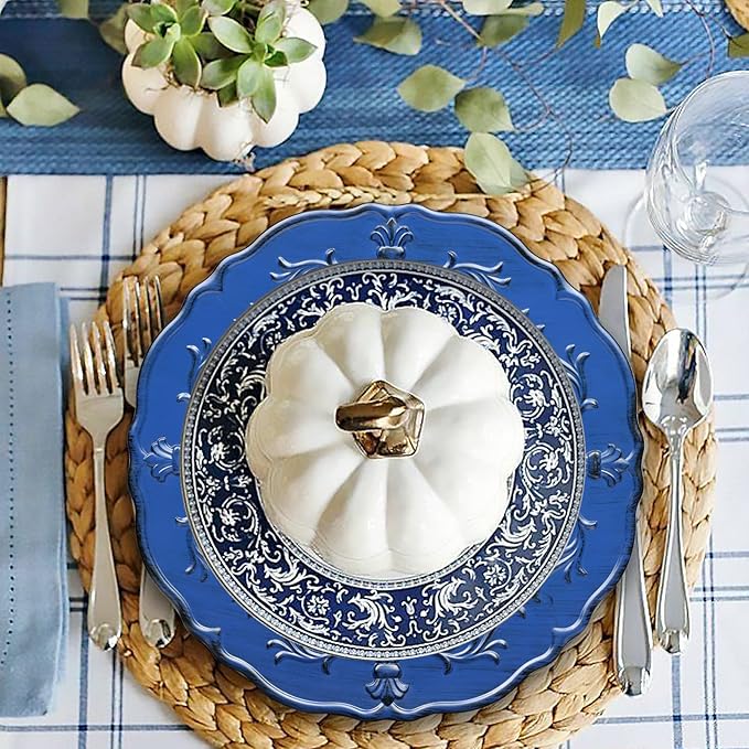 Spsyrine Antique Royal Blue Charger Plate, 13" Embossed Plastic Table Plate Chargers for Dinner, Set of 6 Elegant Decorations for Wedding, Dining, Party Events.