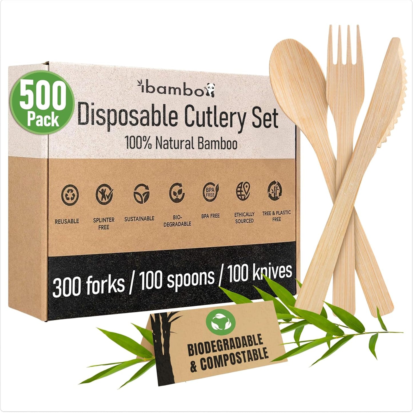 Ibambo 100% Bamboo Cutlery Set - 500 Biodegradable Utensils (300 Forks, 100 Knives, 100 Spoons) - Reusable or Disposable Bamboo Flatware | Compostable FSC Certified Utensils for Weddings & Parties
