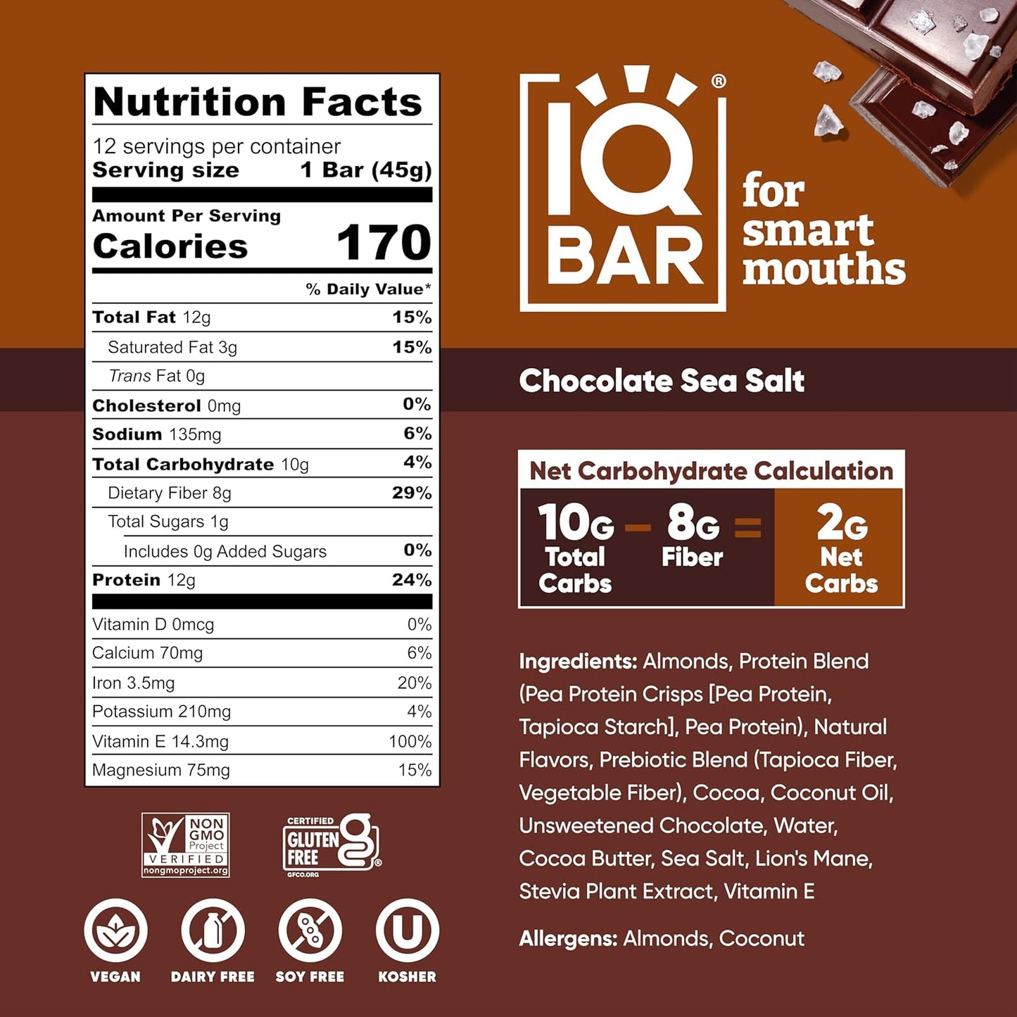 IQBAR Brain and Body Plant Protein Bars - Chocolate Sea Salt - 36-Count - Keto, Vegan, Low Carb, High Fiber, Gluten Free, Dairy Free, Low Sugar Snack with Nutrients for Focus, Energy, Meal Replacement